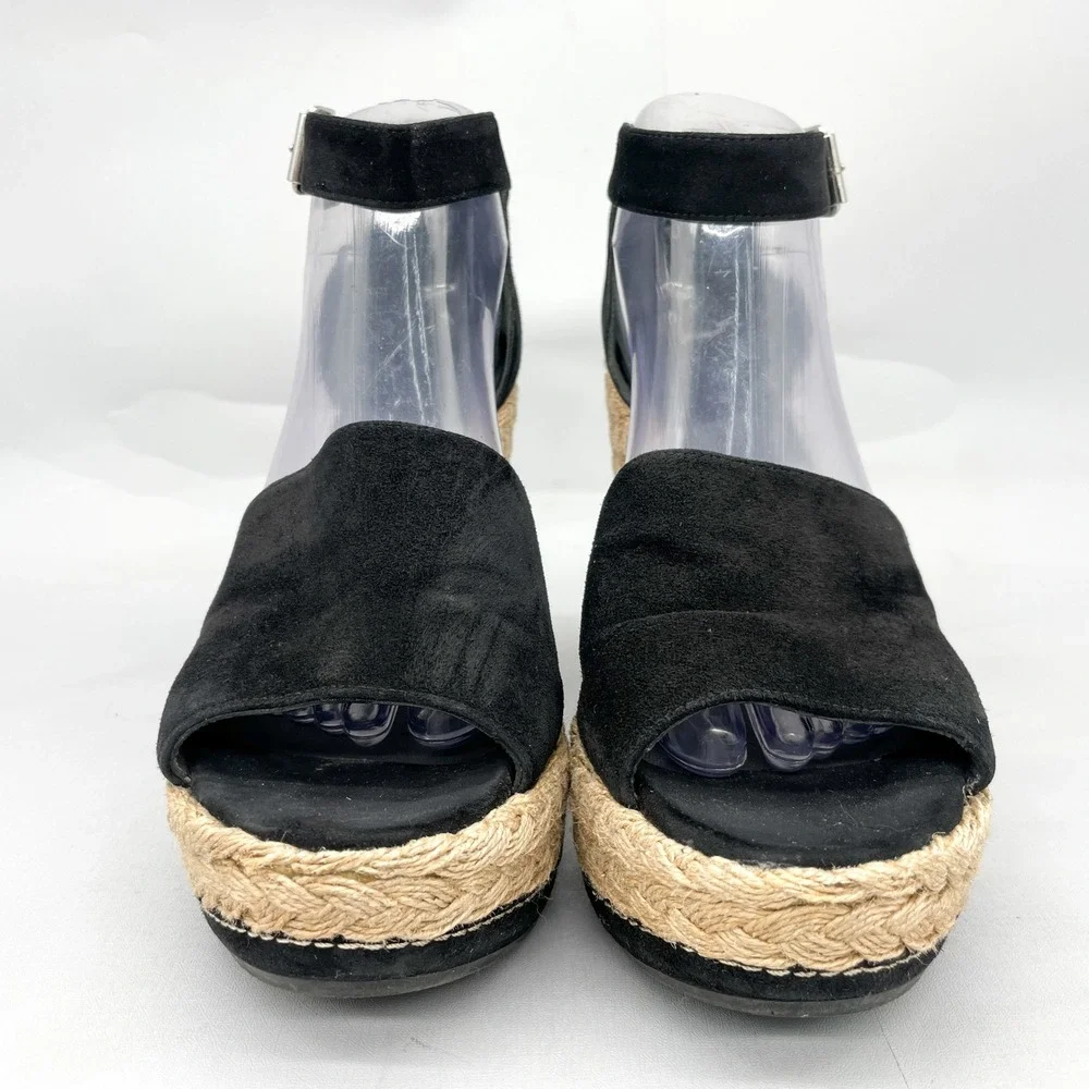 Stuart Weitztman Womens 9.5 M Black Suede Espadrille Wedge Sandals Platform Boho - Picture 2 of 12